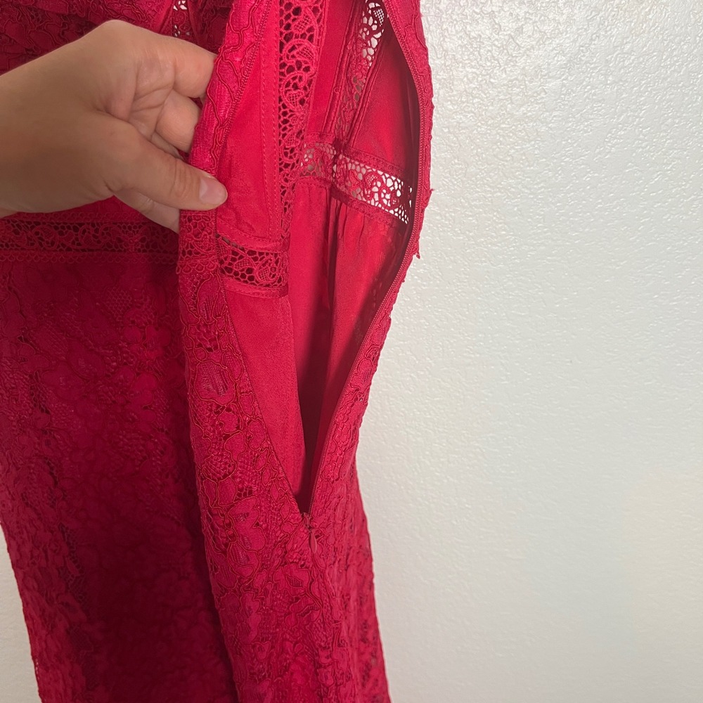 Self-Portrait Red Floral Cord Lace Bustier Midi Dress Cap Sleeve Sweetheart Sz 8 - Picture 12 of 16
